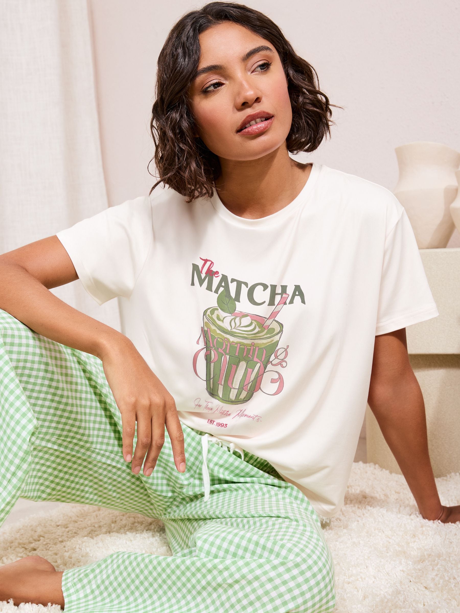 Buy Friends Like These White/Green Gingham Short Sleeve Pyjamas