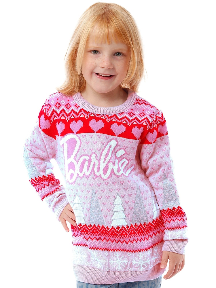Character Pink Barbie Christmas Tree Jumper - Image 1 of 7 Character Pink Barbie Christmas Tree Jumper - Image 1 of 7