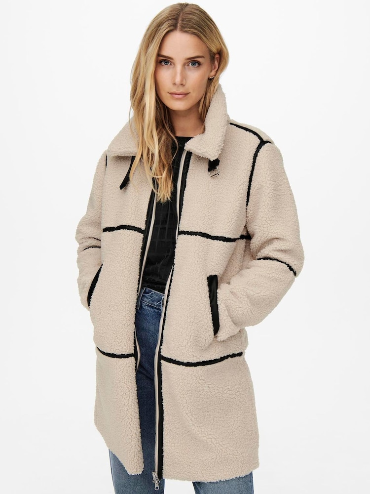 JDY Cream Long Teddy Jacket - Image 1 of 6