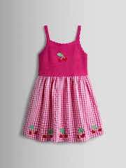 JoJo Maman Bébé Pink Gingham Cherry Seersucker Knit Combo Appliqué Dress - Image 1 of 3