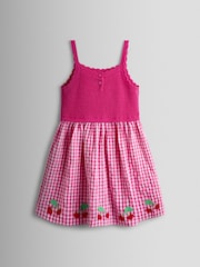 JoJo Maman Bébé Pink Gingham Cherry Seersucker Knit Combo Appliqué Dress - Image 2 of 3