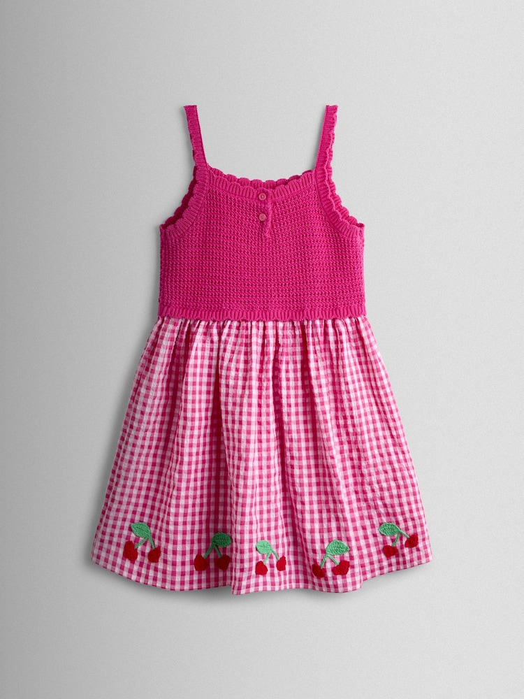 JoJo Maman Bébé Pink Gingham Cherry Seersucker Knit Combo Appliqué Dress - Image 2 of 3 JoJo Maman Bébé Pink Gingham Cherry Seersucker Knit Combo Appliqué Dress - Image 2 of 3