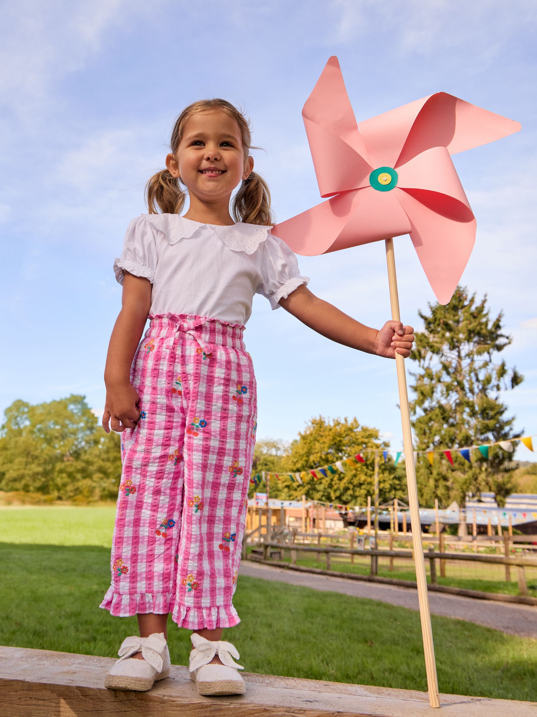 Fuchsia Pink Gingham Frill Hem Embroidered Trousers