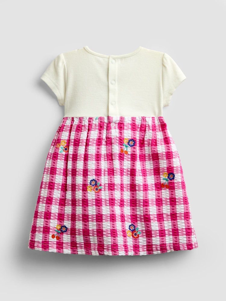 JoJo Maman Bébé Pink Gingham Fruit Embroidered Seersucker Combo Dress - Image 2 of 5