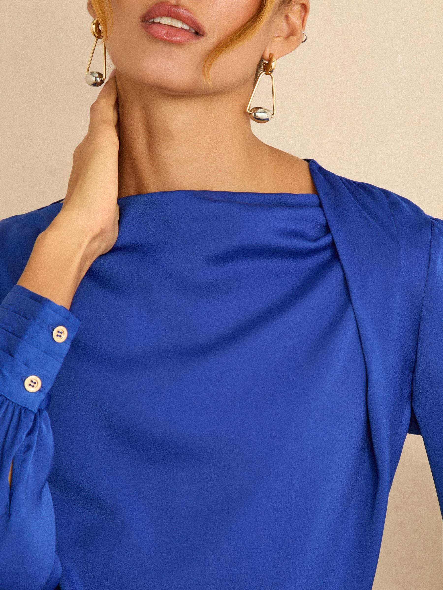 Buy Love & Roses Cobalt Blue Long Sleeve Satin Cowl Neck Blouse