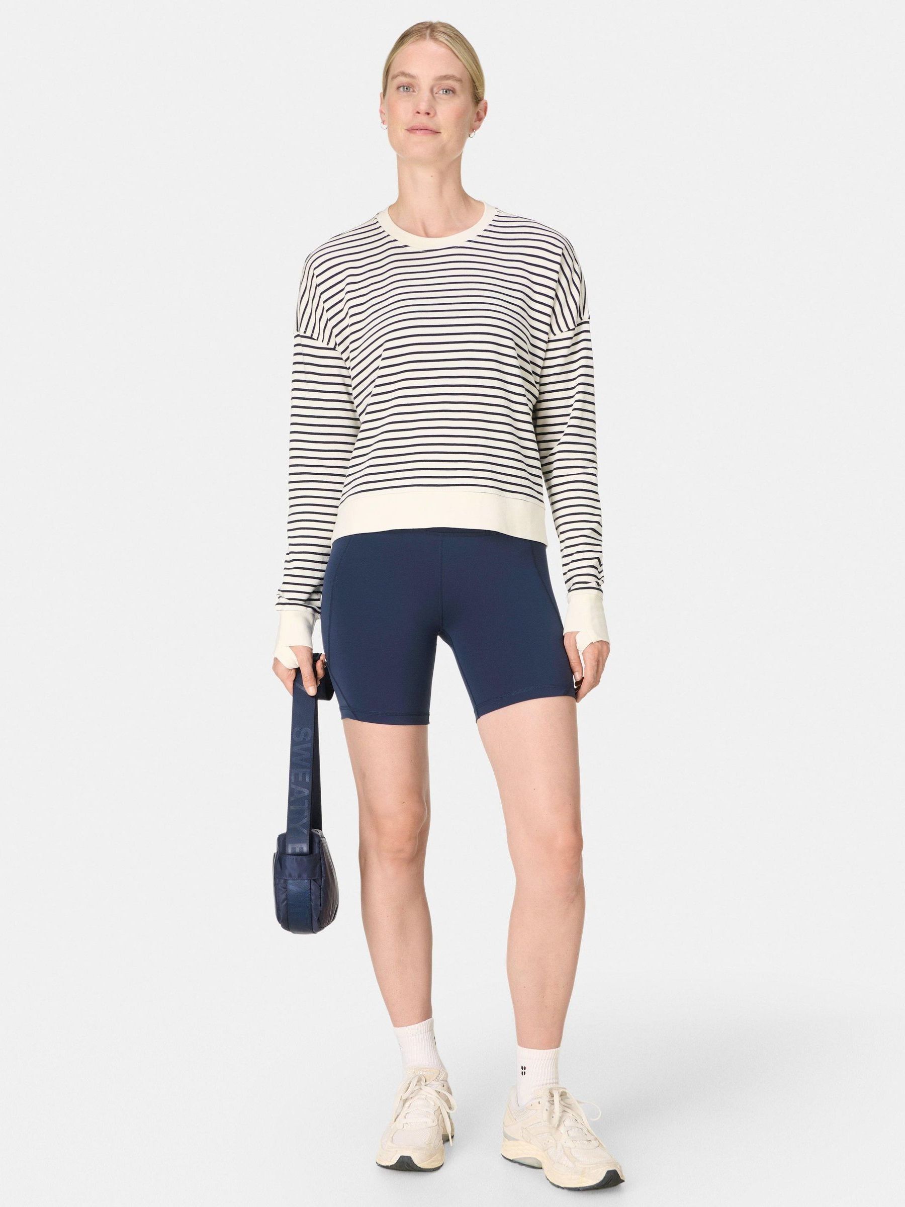 Buy Sweaty Betty White Stripes After Class Crop Sweatshirt from