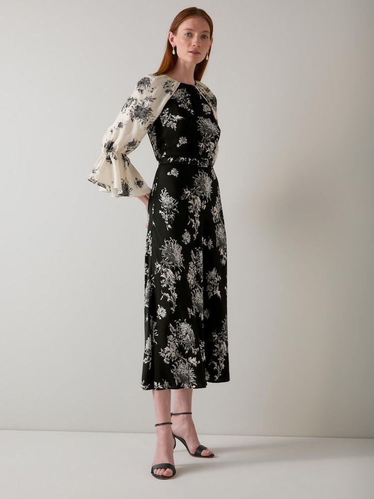 LK Bennett Black Mimi Birch Floral Print Viscose Dress - Image 2 of 3 LK Bennett Black Mimi Birch Floral Print Viscose Dress - Image 2 of 3
