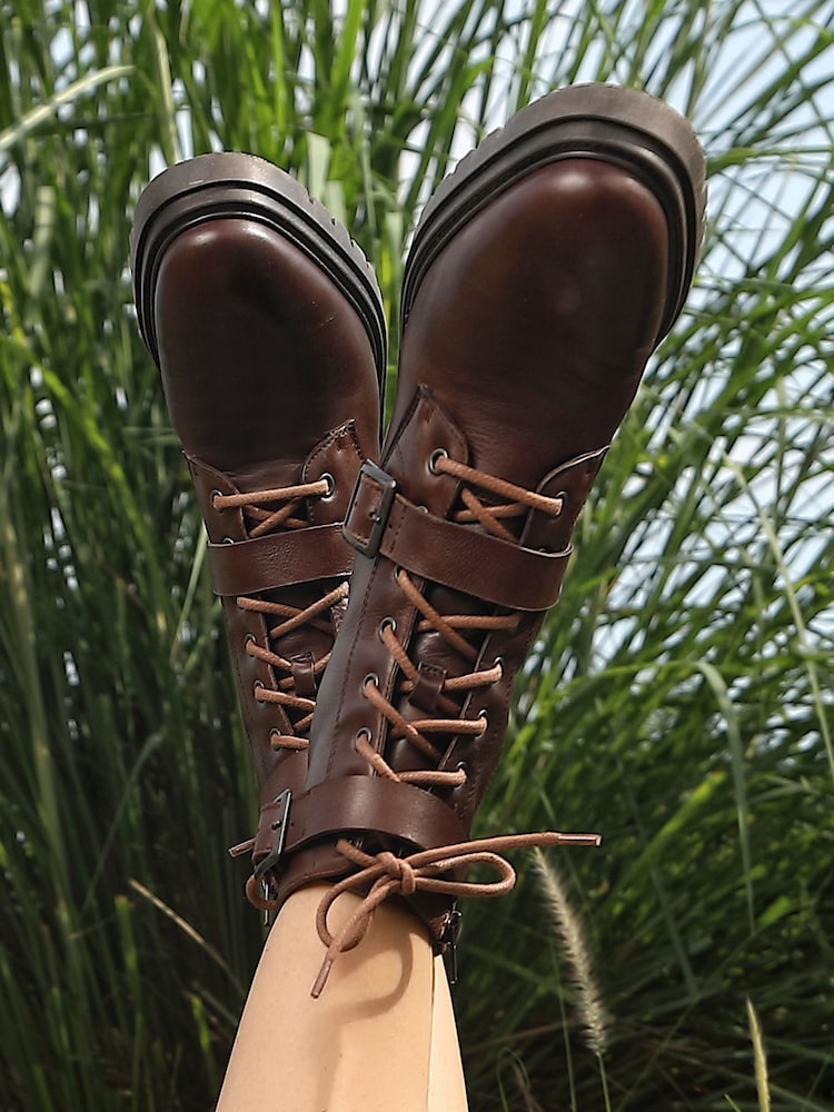 Off The Hook Brown Parkside Block Heel Leather Combat Boots - Image 1 of 8 Off The Hook Brown Parkside Block Heel Leather Combat Boots - Image 1 of 8