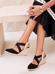 Lipsy Black Wide Fit Faux Suede Closed Toe Elastic Crossover Strap Mid Espadrille Wedges - Image 5 of 6