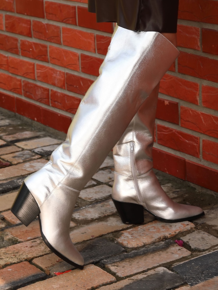 Off The Hook Silver Scores Block Heel High-Knee Leather Boots - Image 2 of 8