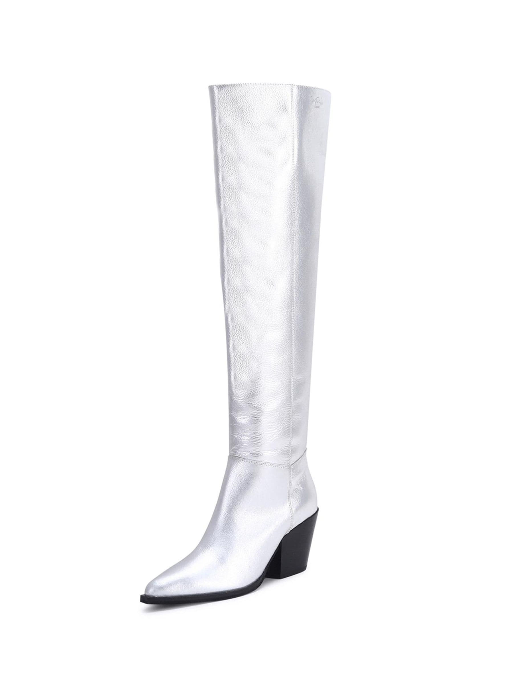 Buy Off The Hook Silver Scores Block Heel High-Knee Leather Boots