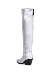 Off The Hook Silver Scores Block Heel High-Knee Leather Boots - Image 6 of 8