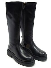 Off The Hook Black Bond Knee High Leather Boots With Side Zip Detail - Image 3 of 8