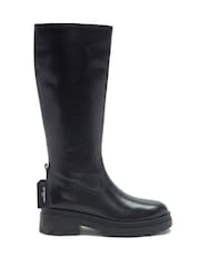 Off The Hook Black Bond Knee High Leather Boots With Side Zip Detail - Image 4 of 8