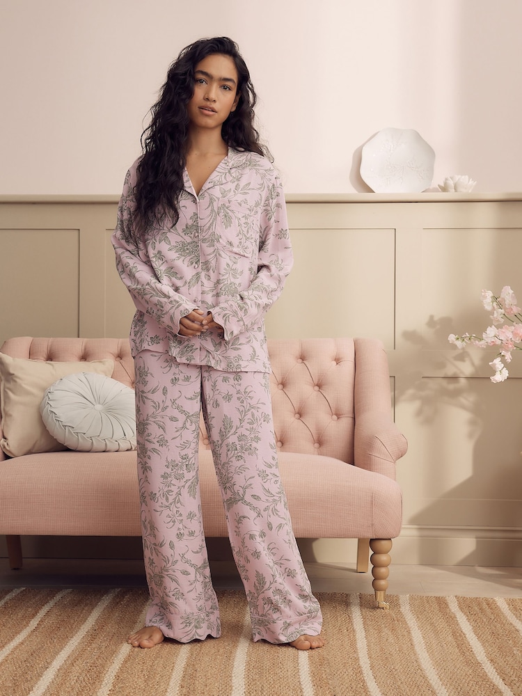 Laura Ashley Pink/Green Lloyd Print Button Through Short Sleeve Pyjamas Set - Image 1 of 16 Laura Ashley Pink/Green Lloyd Print Button Through Short Sleeve Pyjamas Set - Image 1 of 16