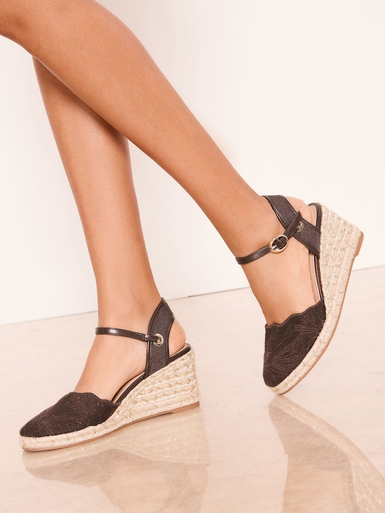 Lipsy Chocolate Brown Wide Fit Closed Toe Mid Heel Jute Espadrille Wedges - Image 1 of 4
