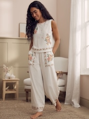 Laura Ashley Ecru/Pink Floral Cross Stitch Sleeveless Cotton Pyjamas - Image 1 of 6