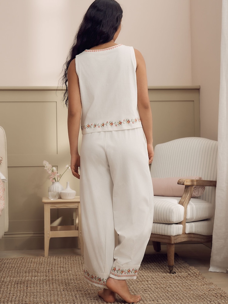 Laura Ashley Ecru/Pink Floral Cross Stitch Sleeveless Cotton Pyjamas - Image 2 of 6 Laura Ashley Ecru/Pink Floral Cross Stitch Sleeveless Cotton Pyjamas - Image 2 of 6