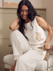 Laura Ashley Ecru/Pink Floral Cross Stitch Sleeveless Cotton Pyjamas - Image 3 of 6