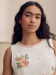 Laura Ashley Ecru/Pink Floral Cross Stitch Sleeveless Cotton Pyjamas - Image 4 of 6