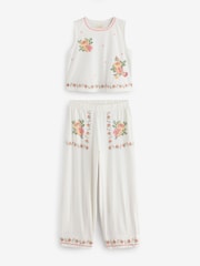 Laura Ashley Ecru/Pink Floral Cross Stitch Sleeveless Cotton Pyjamas - Image 7 of 14
