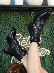 Off The Hook Black Parkside Block Heel Leather Combat Boots - Image 1 of 8