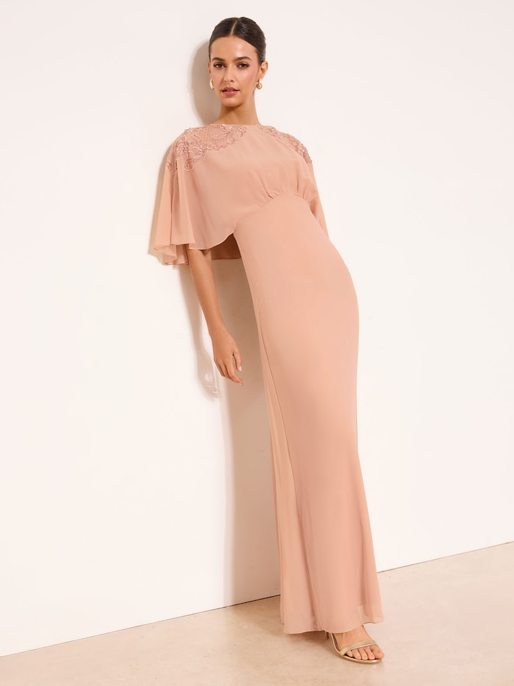 Lipsy Nude EID Embellished Shoulder Cape Maxi Dress - Image 1 of 4