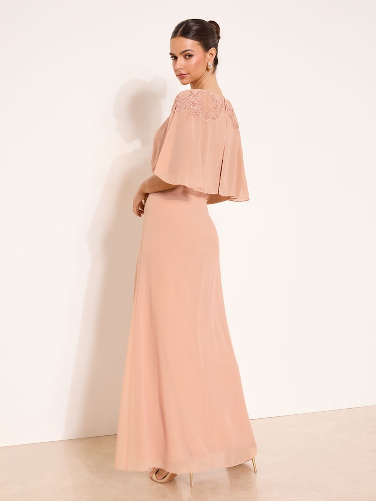 Lipsy Nude EID Embellished Shoulder Cape Maxi Dress - Image 4 of 4