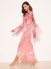 Lipsy Nude Printed Embellished Flare Sleeve Maxi Dress - Image 1 of 4