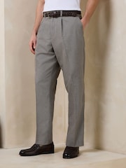 Green Texture Regular Fit Smart Linen Cotton Blend Belted Trousers - Image 1 of 5