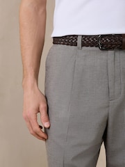 Green Texture Regular Fit Smart Linen Cotton Blend Belted Trousers - Image 3 of 5