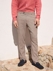 Taupe Brown N.Premium Check Linen Cotton Blend Smart Trousers - Image 1 of 7