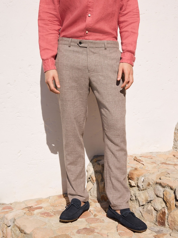 Taupe Brown N.Premium Check Linen Cotton Blend Smart Trousers - Image 1 of 7