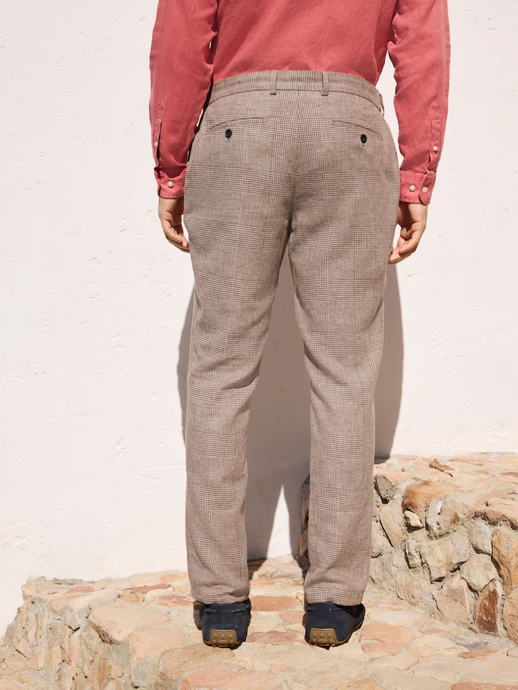Taupe Brown N.Premium Check Linen Cotton Blend Smart Trousers - Image 2 of 7