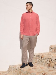 Taupe Brown N.Premium Check Linen Cotton Blend Smart Trousers - Image 3 of 7