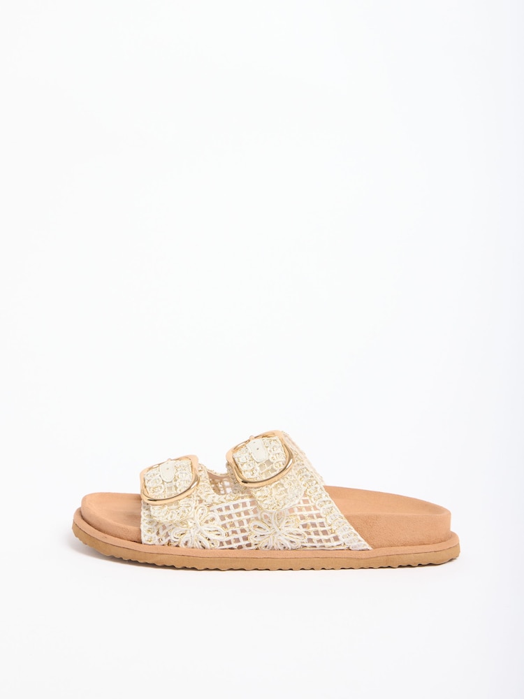 Lipsy Cream Woven Double Buckle Slip-On Footbed Summer Sandals - Image 5 of 5