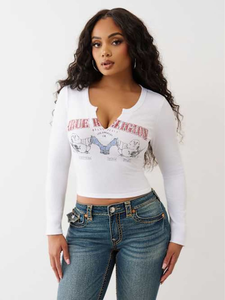 True Religion White Buddha V Notch Ribbed Long Sleeve Tee - Image 1 of 5