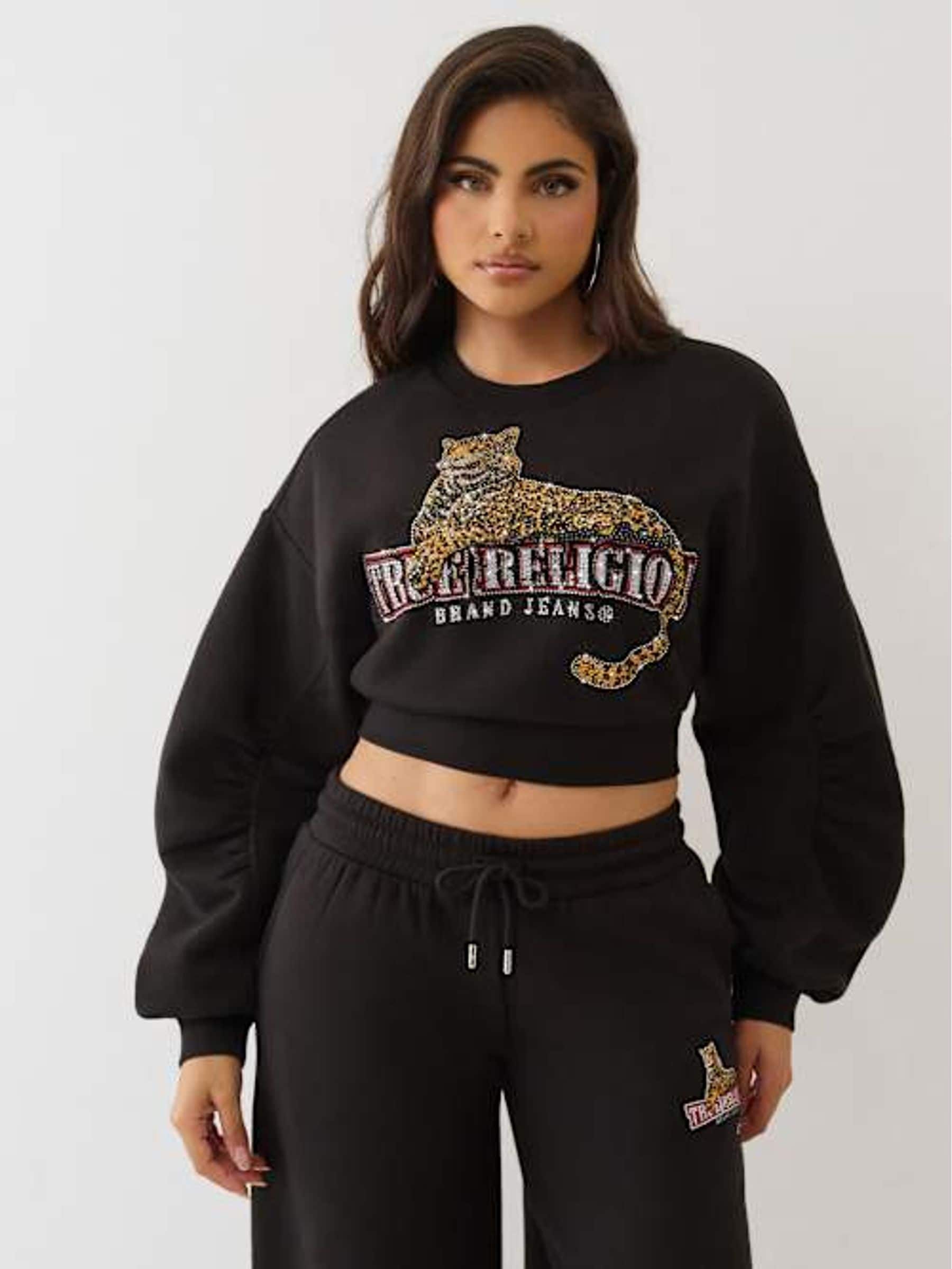 Buy True Religion Black Crystal Leopard Ruched Sleeves Sweat Top