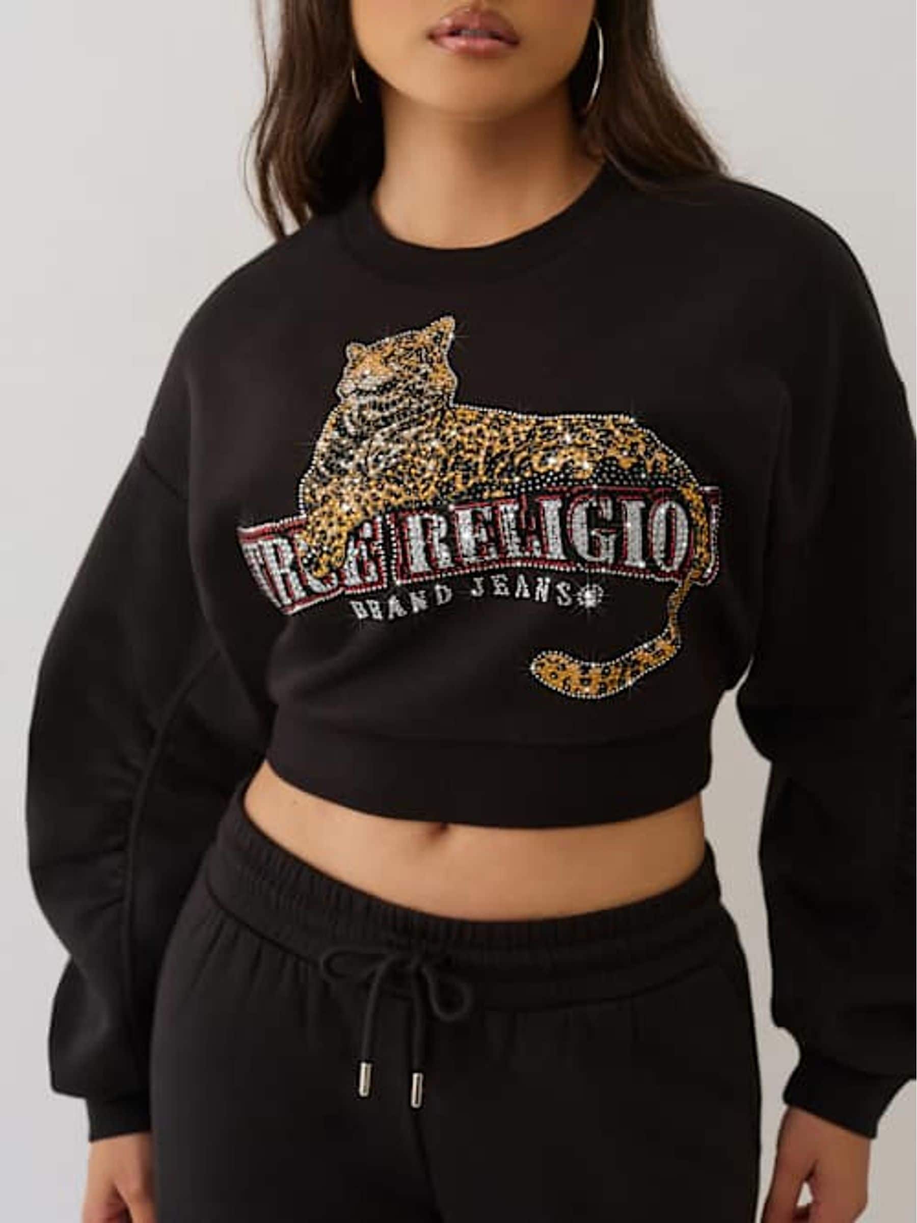 Buy True Religion Black Crystal Leopard Ruched Sleeves Sweat Top