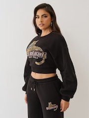 True Religion Black Crystal Leopard Ruched Sleeves Sweat Top - Image 4 of 5