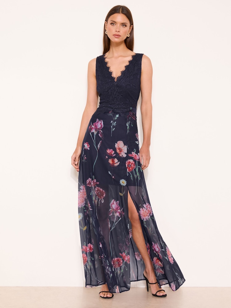 Navy Petite Floral Print V-Neck Lace Maxi Dress - Image 1 of 4