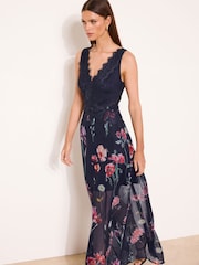 Navy Petite Floral Print V-Neck Lace Maxi Dress - Image 3 of 4