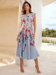Lipsy Light Blue Petite Floral Cap Sleeve Fit And Flare Midi Dress - Image 2 of 4