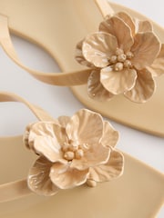 Neutral - Beach Flower Trim Square Toe Flip Flops - Imaginea 7 din 9