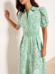 Lipsy Mint Green Premium Belted Puff Sleeve Embroidery Shirt Maxi Dress - Image 1 of 4