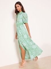 Lipsy Mint Green Premium Belted Puff Sleeve Embroidery Shirt Maxi Dress - Image 3 of 4