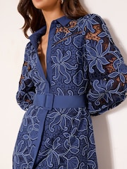 Lipsy Navy Premium Belted Puff Sleeve Embroidery Shirt Maxi Dress - Image 1 of 4