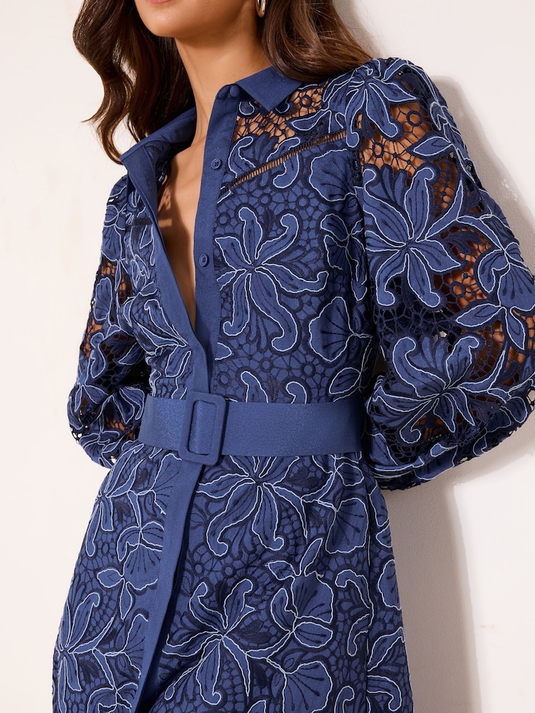 Lipsy Navy Premium Belted Puff Sleeve Embroidery Shirt Maxi Dress - Image 1 of 4