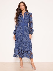Lipsy Navy Premium Belted Puff Sleeve Embroidery Shirt Maxi Dress - Image 2 of 4