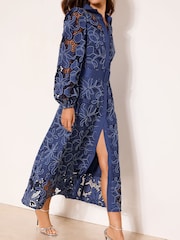 Lipsy Navy Premium Belted Puff Sleeve Embroidery Shirt Maxi Dress - Image 3 of 4